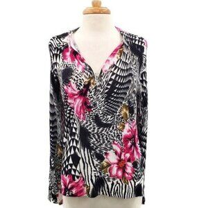 Womens Colorful‎ Boho Floral Half Zip Blouse Womens Size L V-Neck Long Sleeve